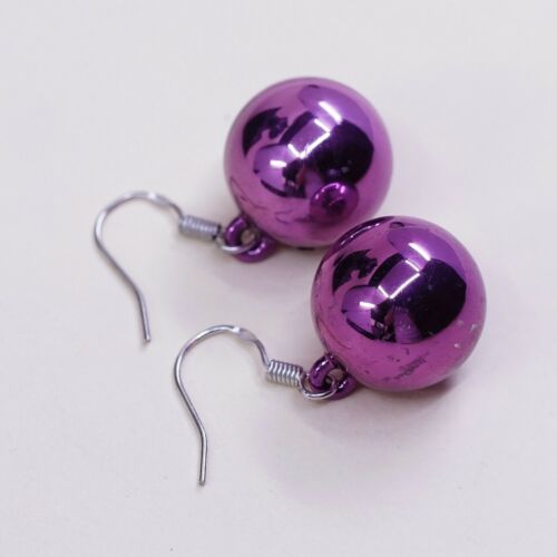 Vtg Sterling Silver Handmade Earrings W/ Pink Metallic Bead, Stamped 925 On Hook