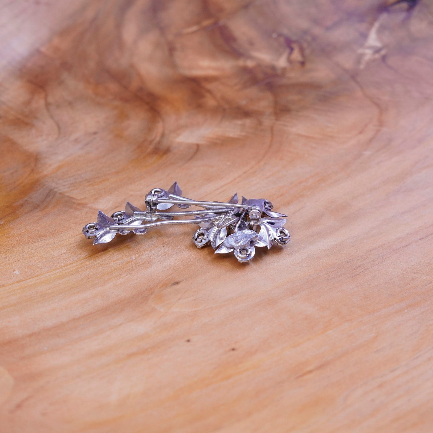 Vintage Art Deco handmade sterling 925 silver flower brooch with blue Crystal