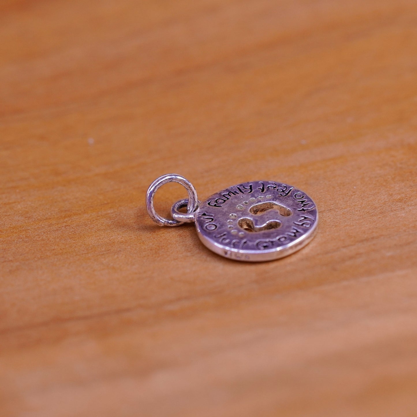 vtg Sterling silver handmade charm, 925 footprint pendant “our family just grew