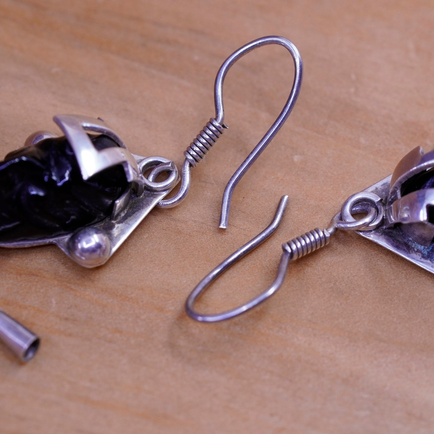 Vintage Sterling 925 silver handmade earrings worrier obsidian teardrop dangles