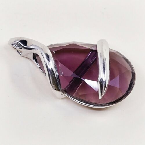 Vtg HDIA U Sterling 925 silver Snake N Diamond Eyes N teardrop Amethyst pendant