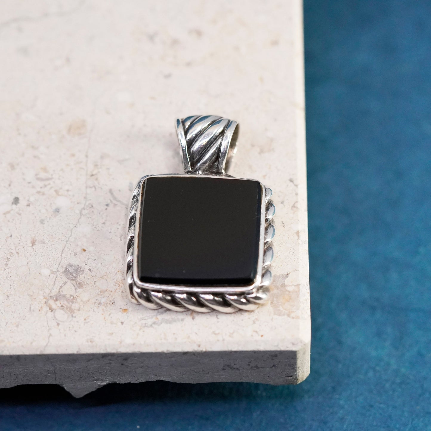 Vintage Sterling 925 silver handmade square pendant with onyx