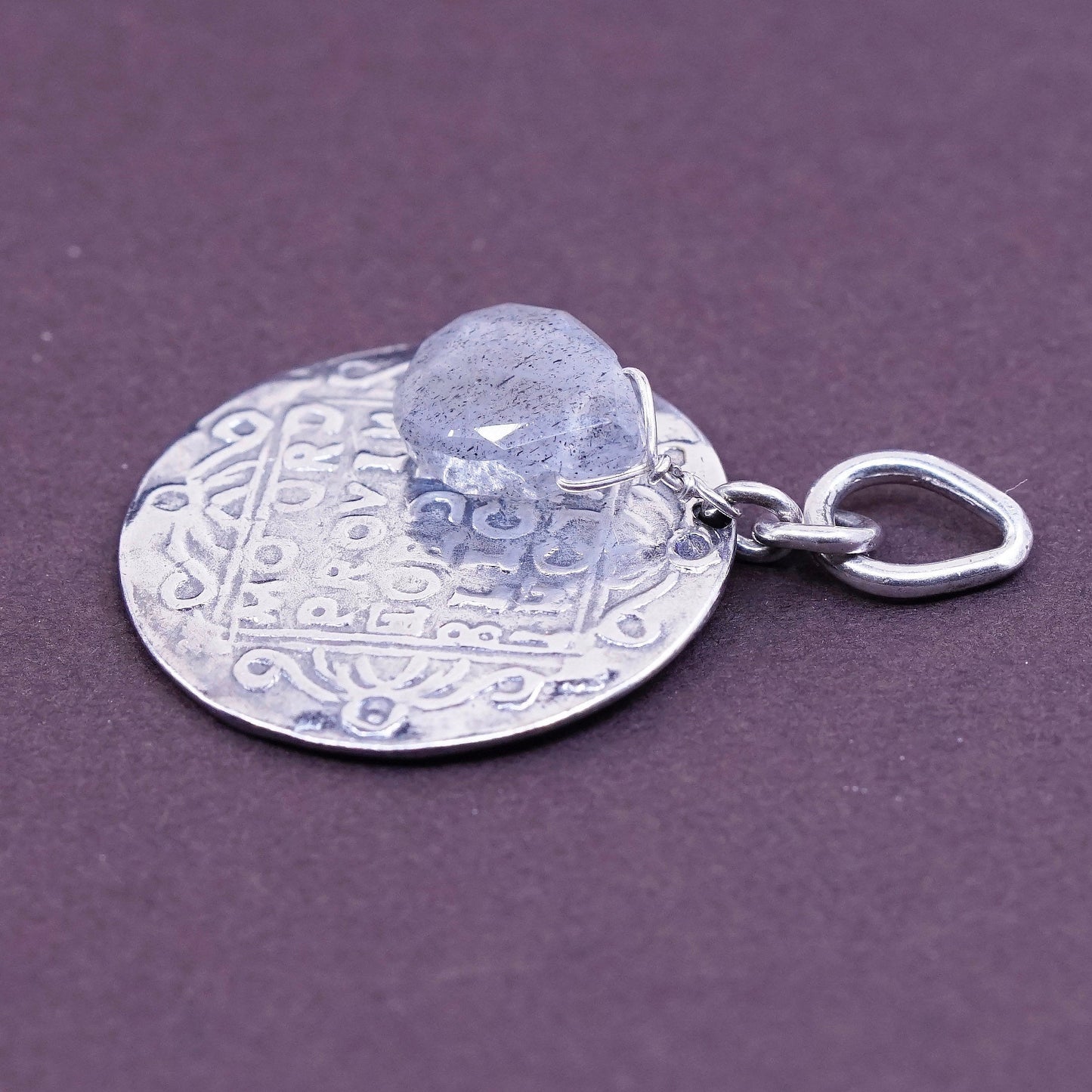 vtg Sterling silver handmade pendant, 925 greek pattern N teardrop labradorite