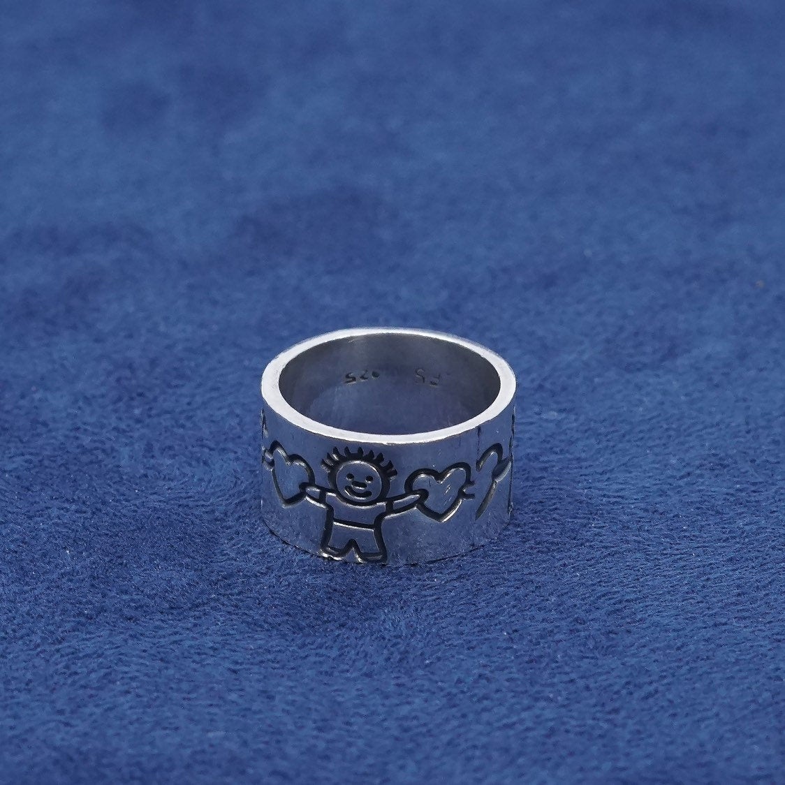 sz 6.5, vtg Sterling silver handmade ring, FAS 925 band engraved kids n heart