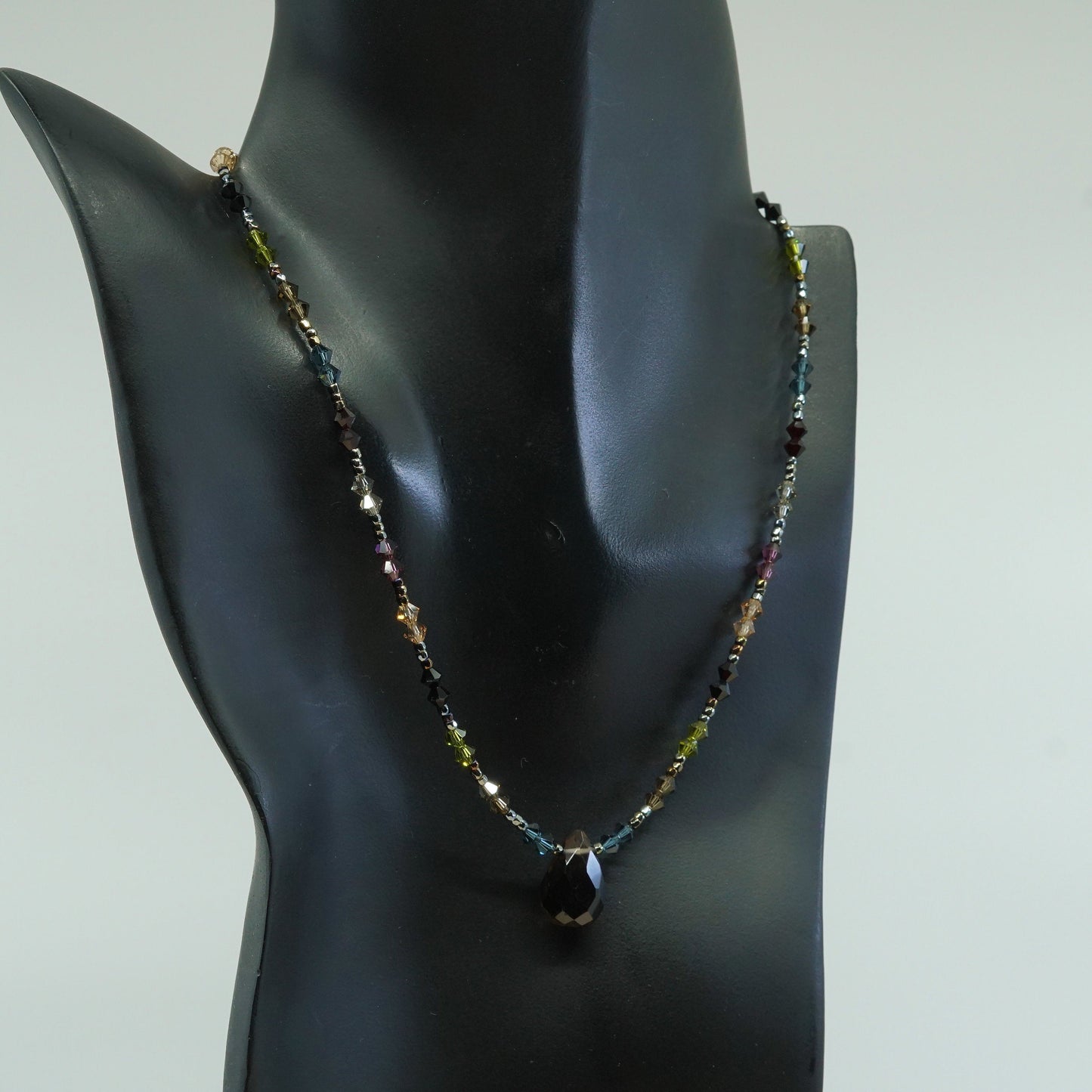 16", vtg handmade crystal bead necklace with smoke topaz pendant