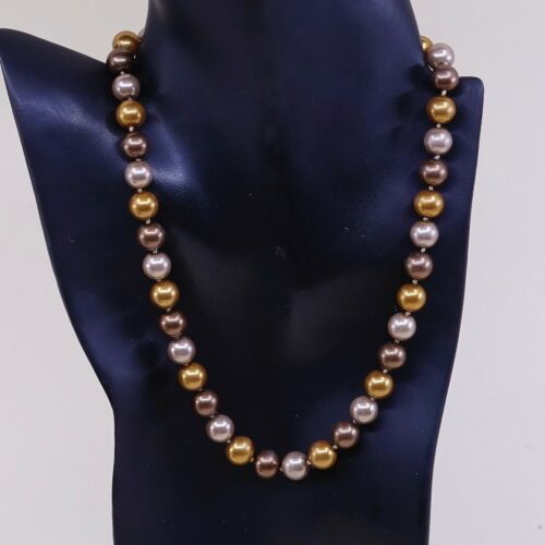 18" 12mm, Vtg handmade Golden Faux Pearl Necklace With Sterling Silver Clasp