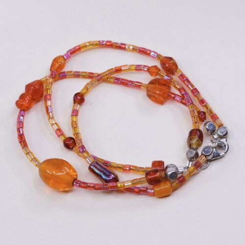 6.5” Vtg Sterling Silver Handmade Bracelet, 925 Clasp W/ Red Orange Glass Beads