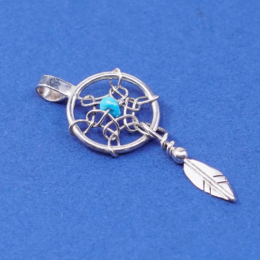 vtg Native American Sterling silver pendant, 925 net web circle w/ turquoise