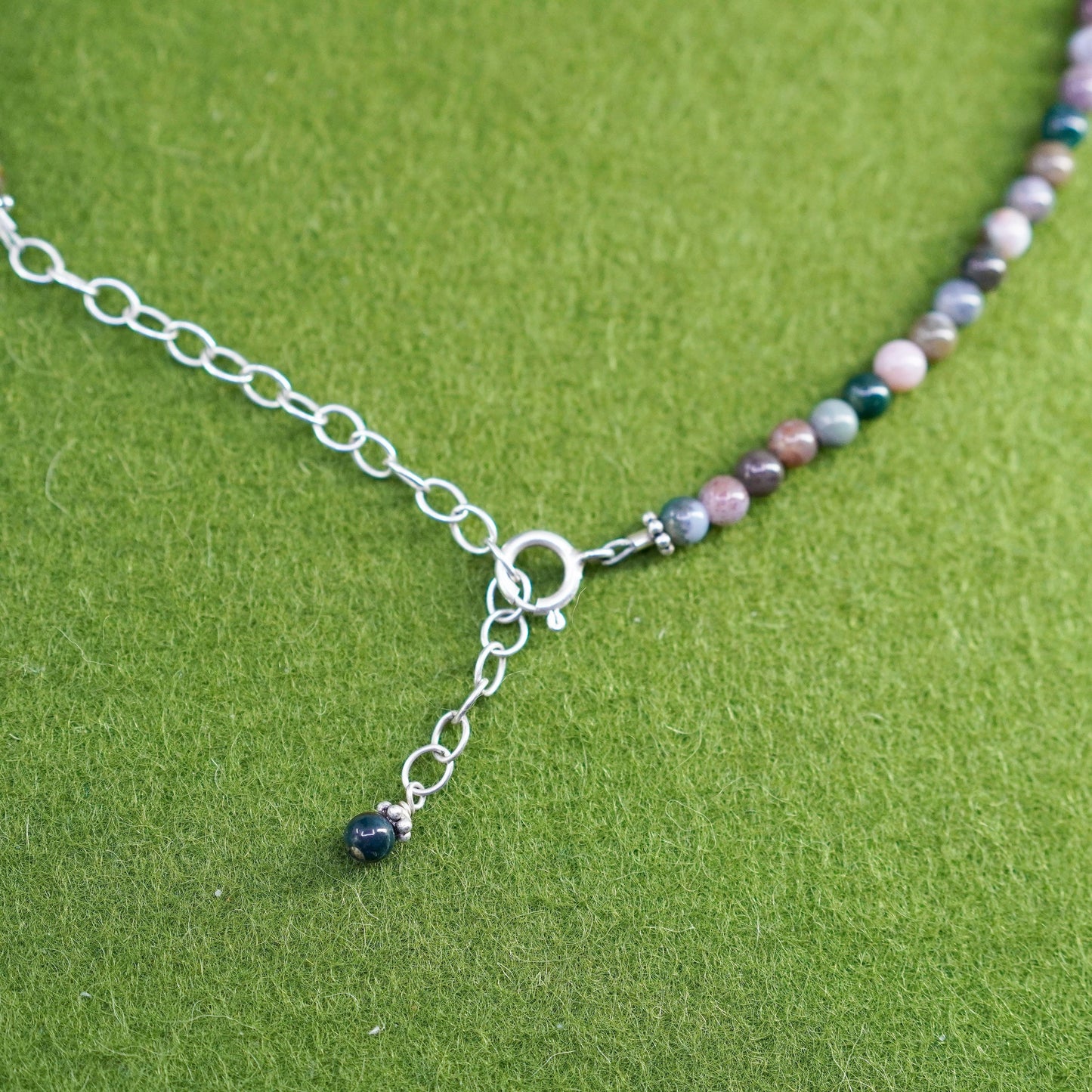 14+3”, vintage sterling 925 silver handmade necklace agate crystal jade beads