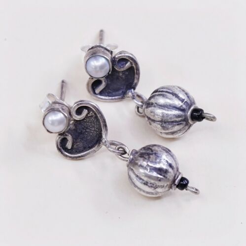 Vtg STERLING SILVER Handmade earrings with pearl N Beads dangles stamped 925