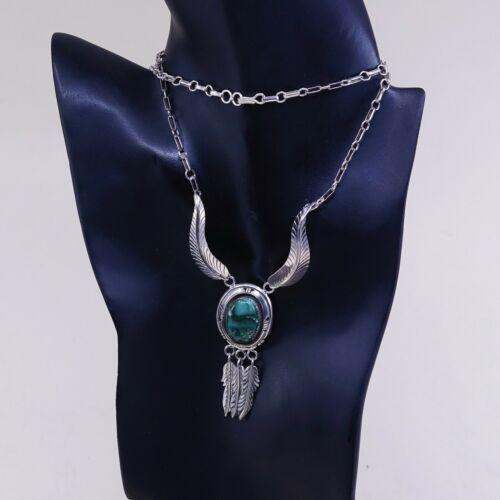 23” Navajo Raymond Platero Sterling 925 Necklace w/ turquoise Pendant N Feather