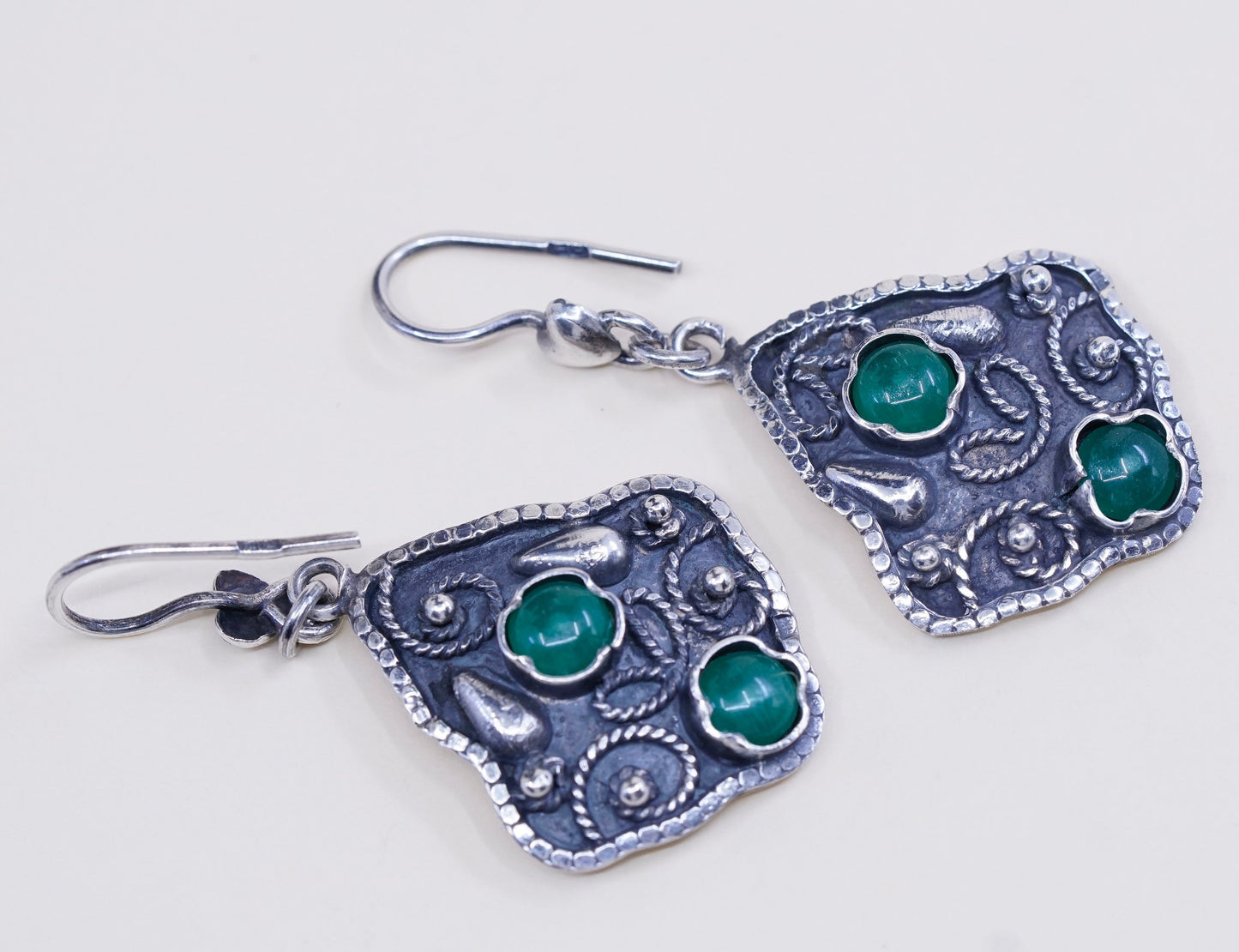 Vintage Native American sterling silver handmade earrings, 925 bali with jade