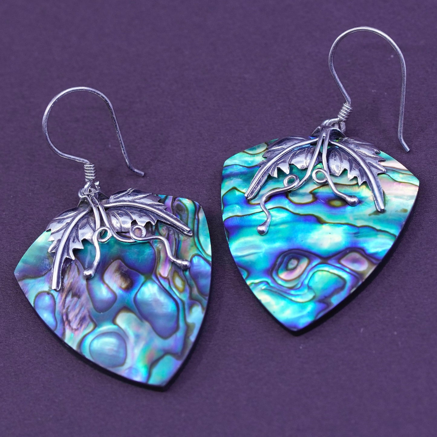 Sterling silver handmade earrings, 925 grapevine leaves with abalone dangles