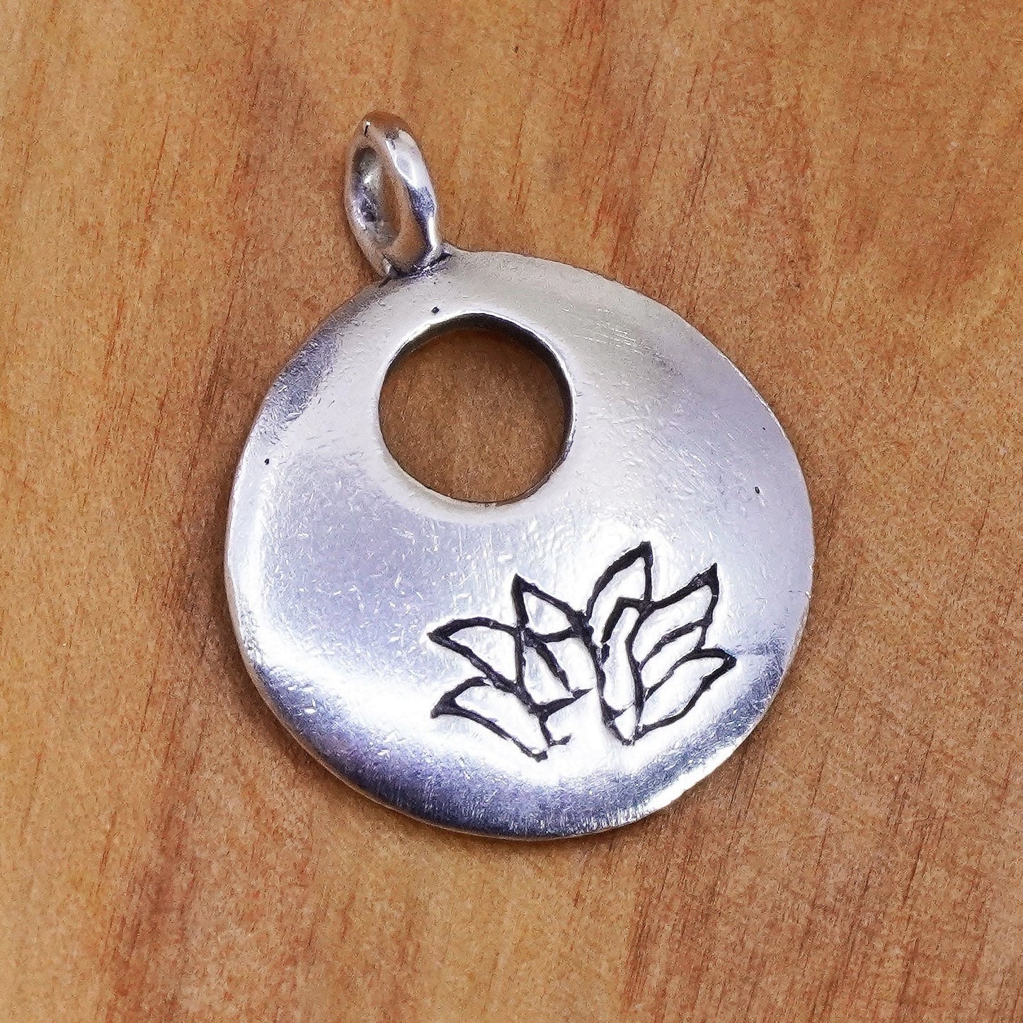 Vintage Sterling silver handmade pendant, 925 circle charm with lotus flower
