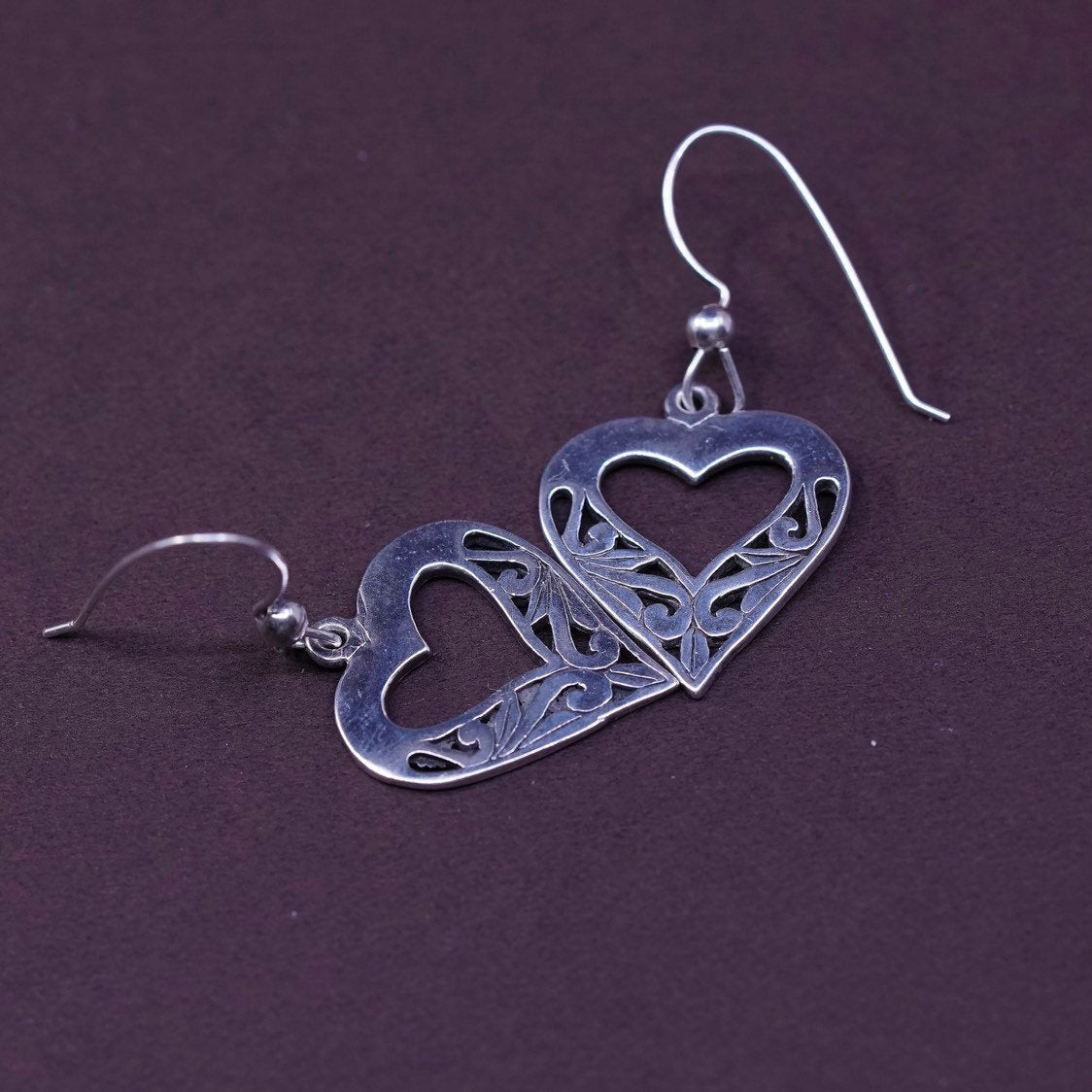 vtg Sterling silver handmade earrings, 925 filigree heart drops