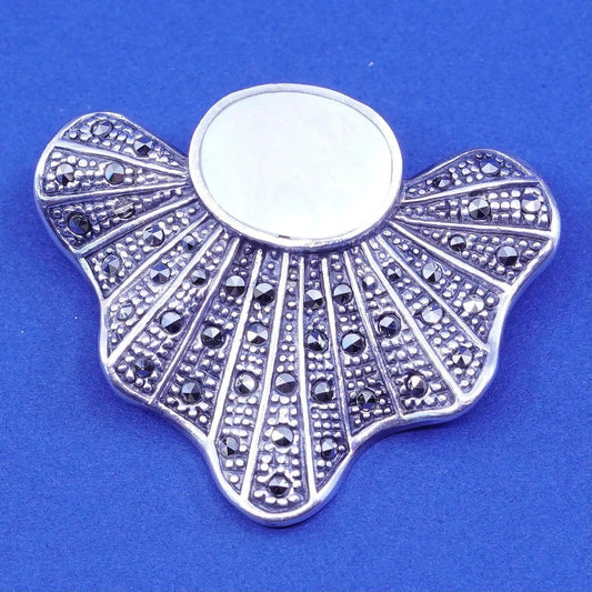 Vintage sterling silver handmade brooch, 925 pin with mother of pearl marcasite