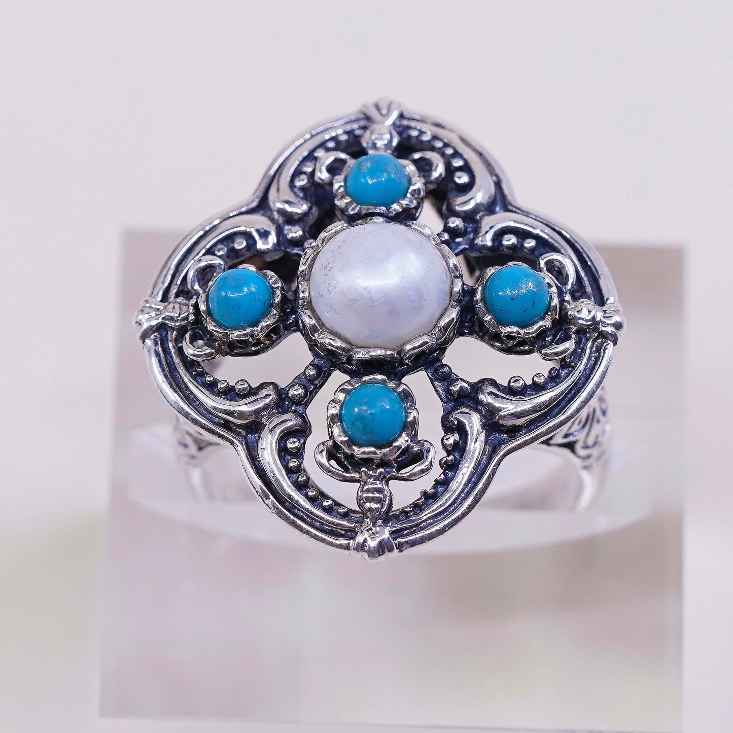 sz 9.5, vintage GSJ Sterling silver handmade ring, 925 w/ turquoise N pearl