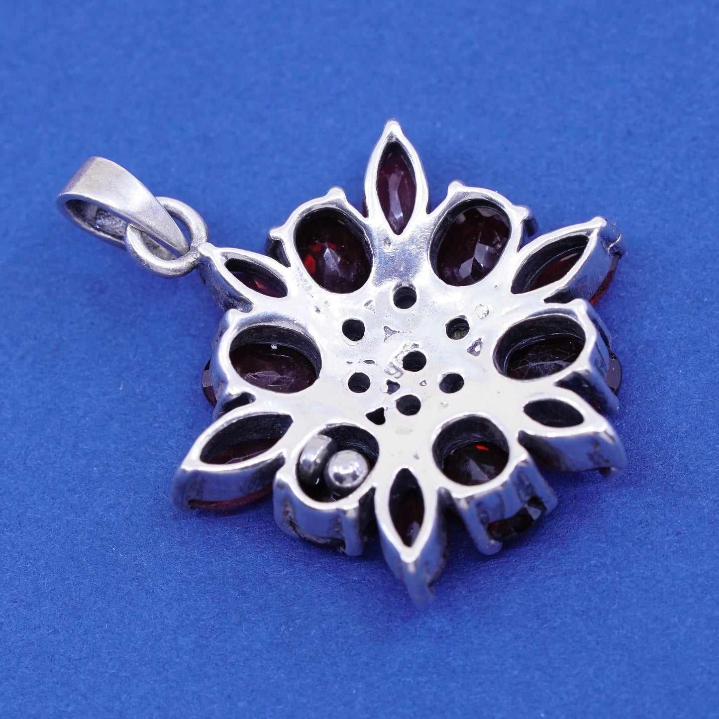 vtg Sterling silver handmade pendant, 925 flower with ruby and Marcasite