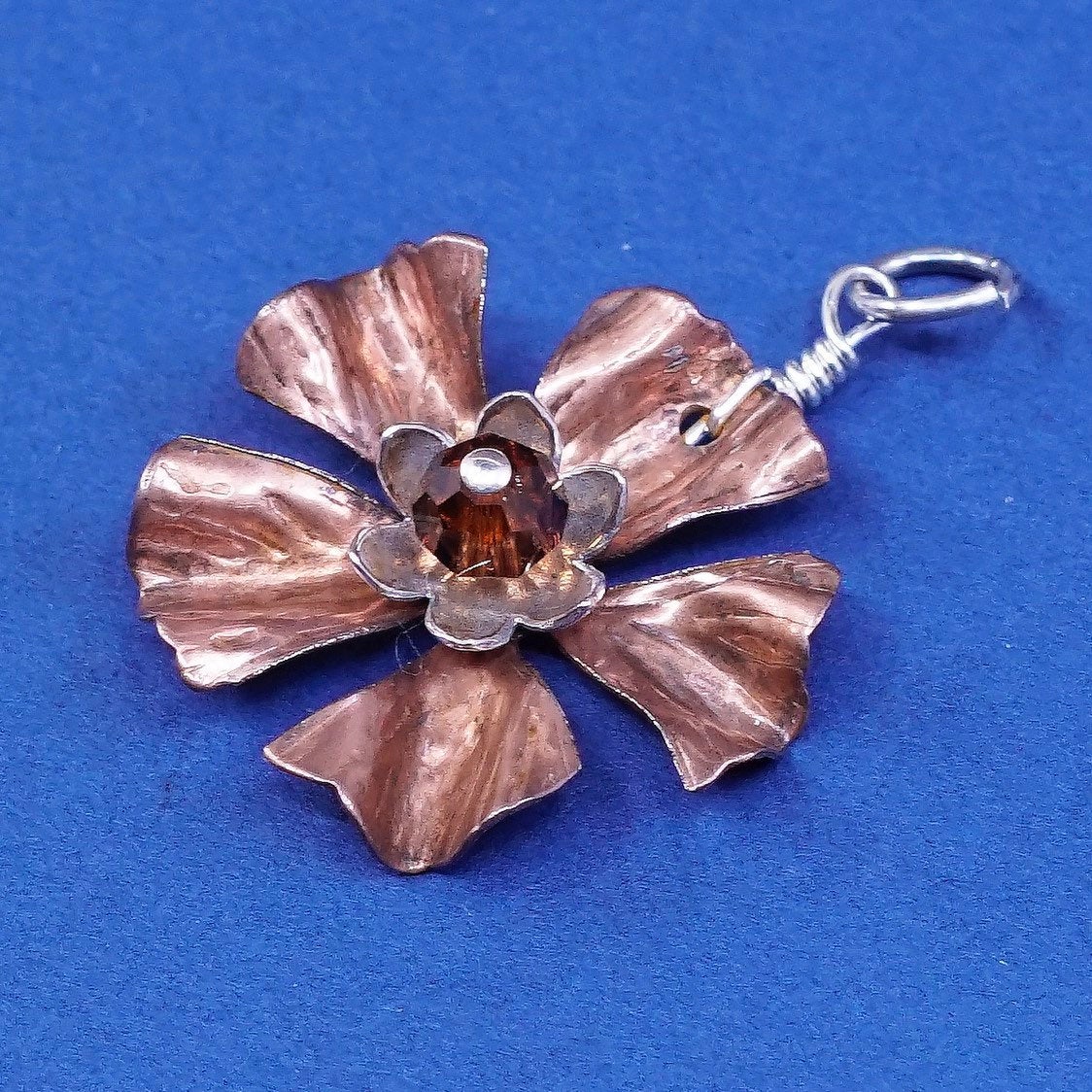 vtg copper handmade flower pendant w/ sterling 925 silver ring ruby crystal