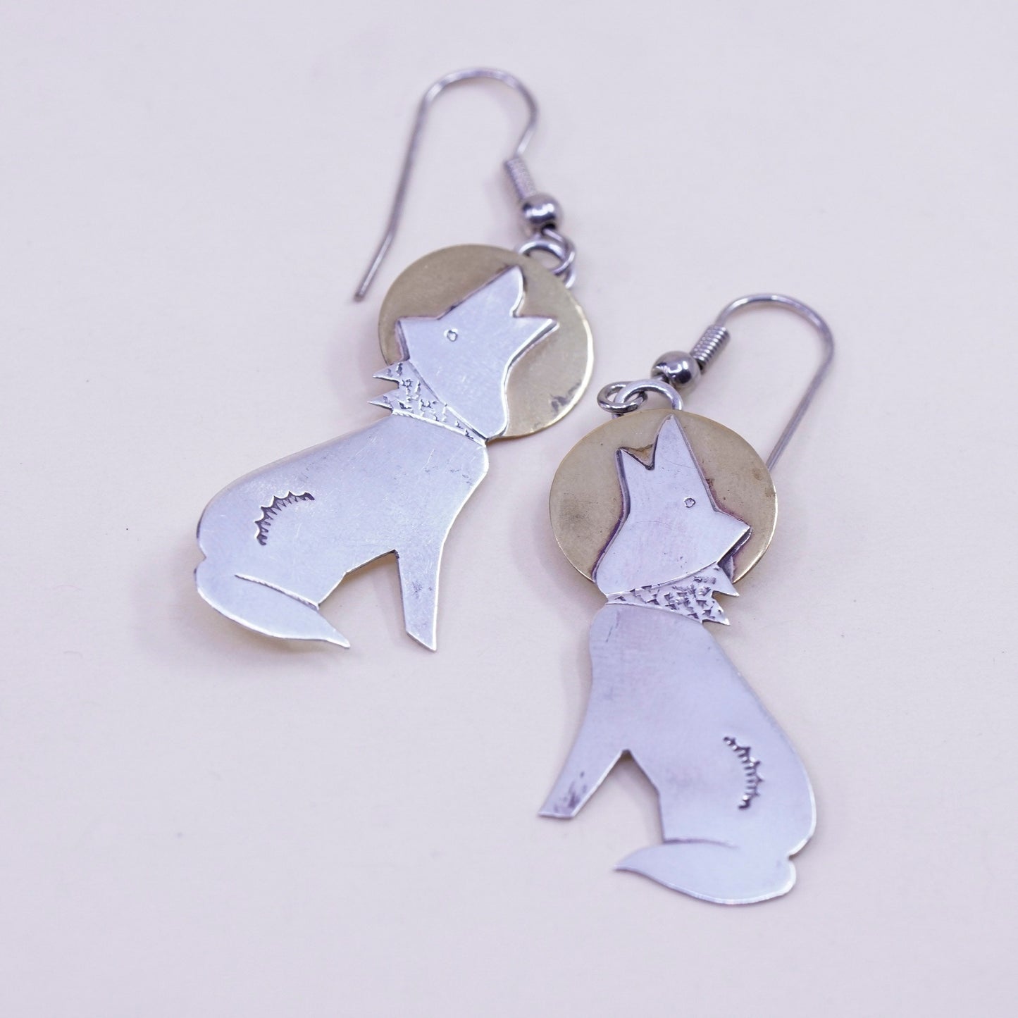 Two Tone sterling silver handmade earrings 925 werewolf wolf disc brass dangles