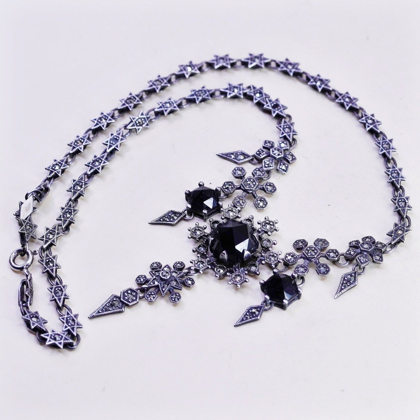 15”, sterling 925 silver necklace chain w/ marcasite snowflake obsidian pendant