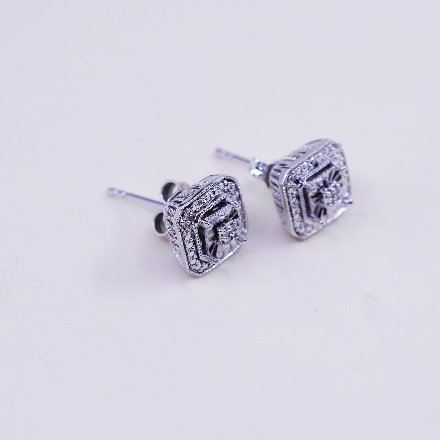 Vintage sterling silver handmade earrings, 925 square shaped studs with diamond