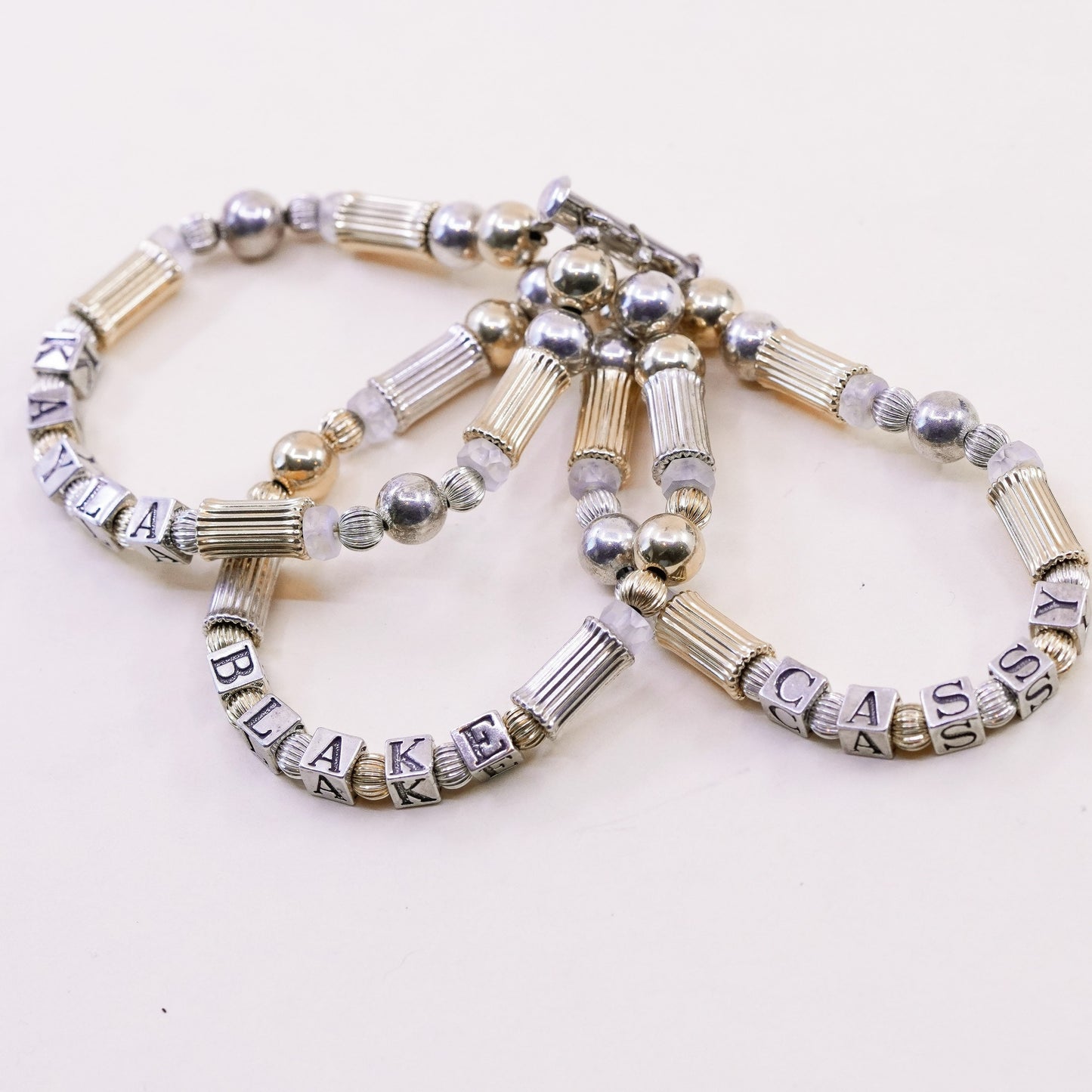 6.25”, 14K gold beads with Sterling 925 Silver bracelet name “Kayla Blake Casdy