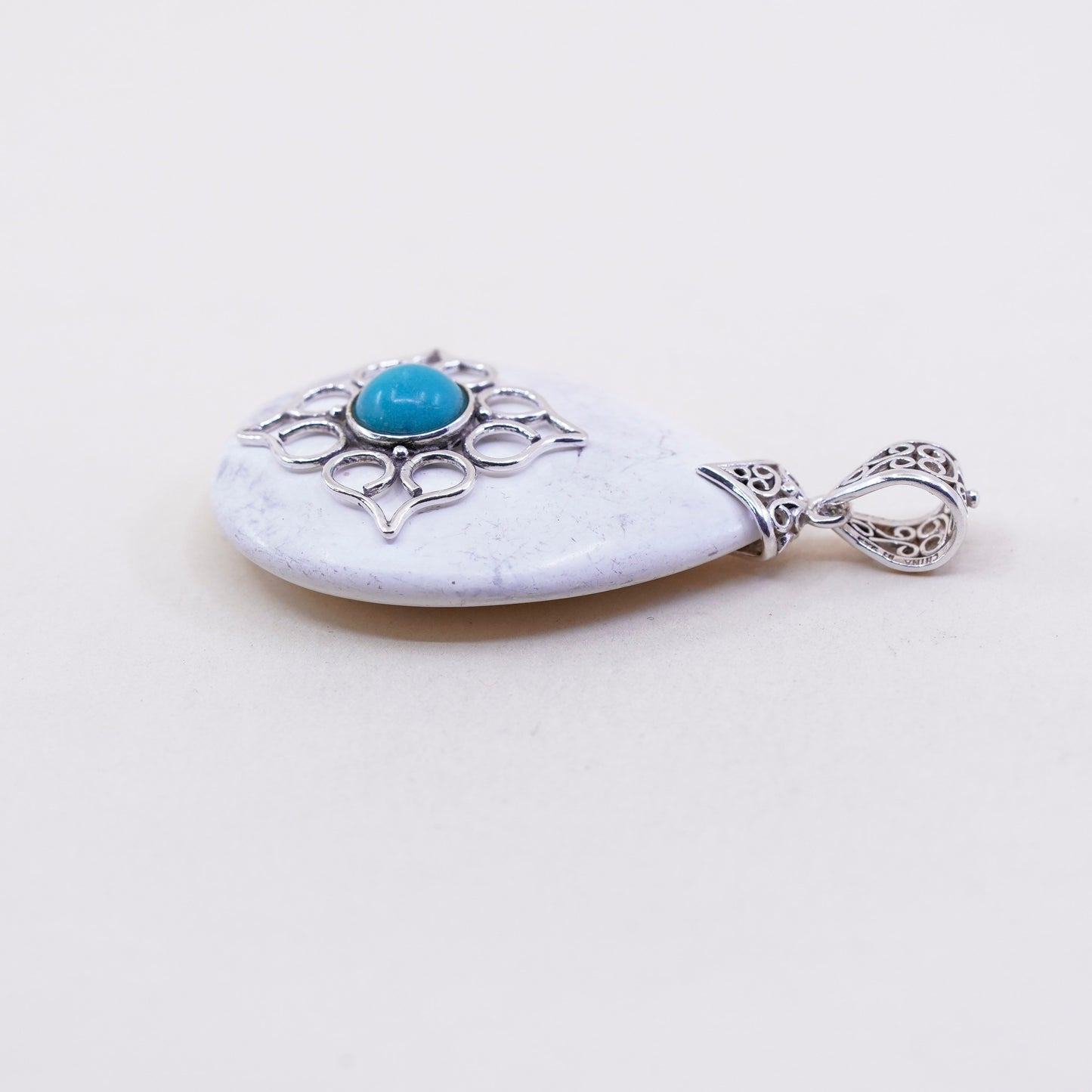 Sterling 925 silver handmade slide pendant with teardrop howlite and turquoise