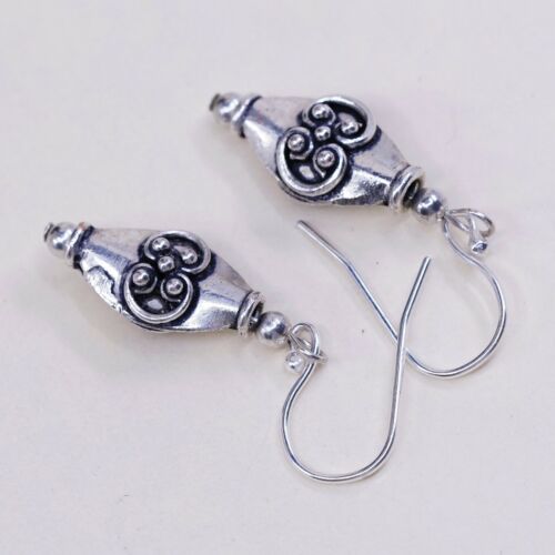 Vtg Sterling Silver Handmade Earrings, Bali Beads Dangles, Stamped 925 On Hooks