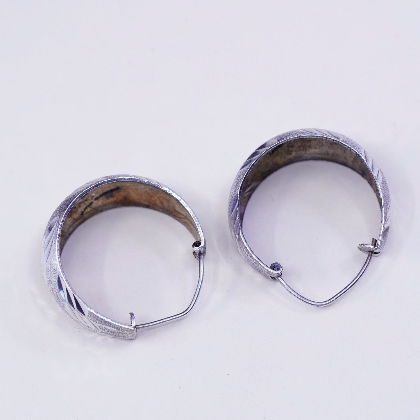 1”, Vintage sterling silver handmade earrings, textured 925 huggie hoops