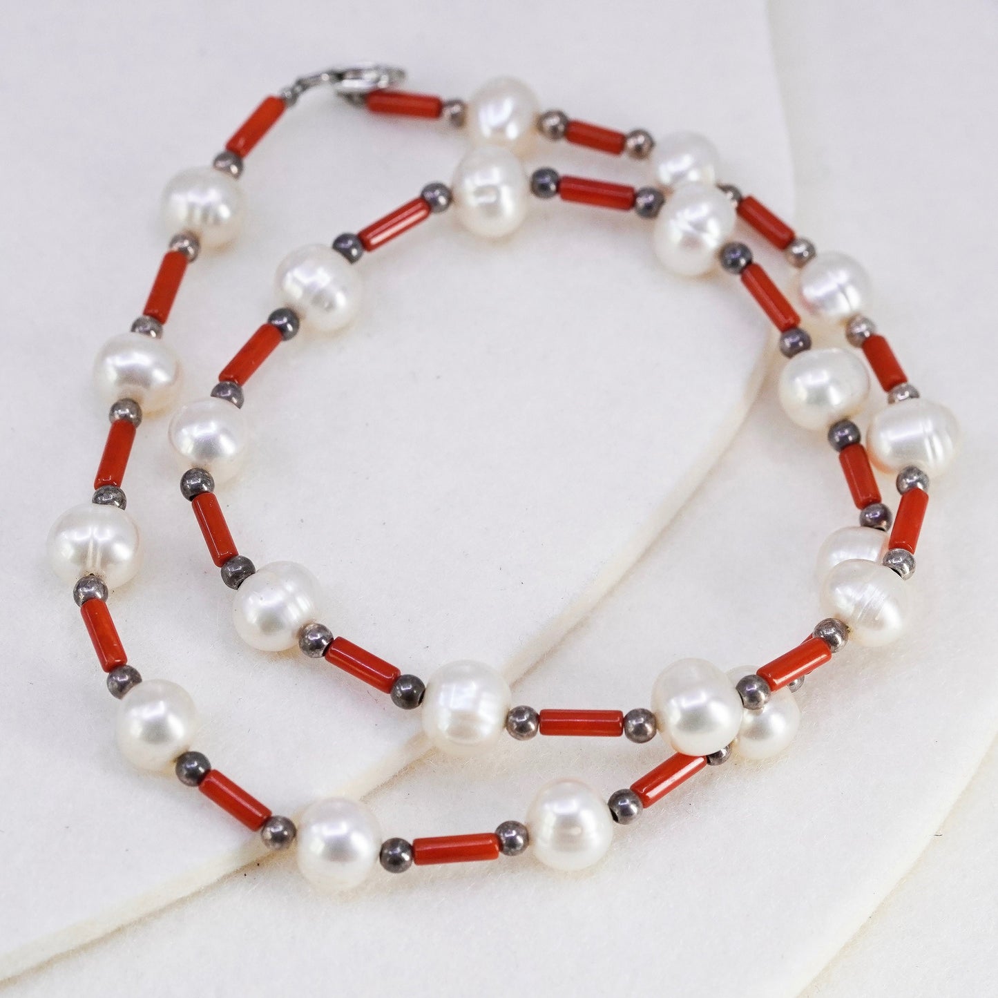 16”, vtg southwestern Sterling 925 silver handmade necklace pearl coral tubes