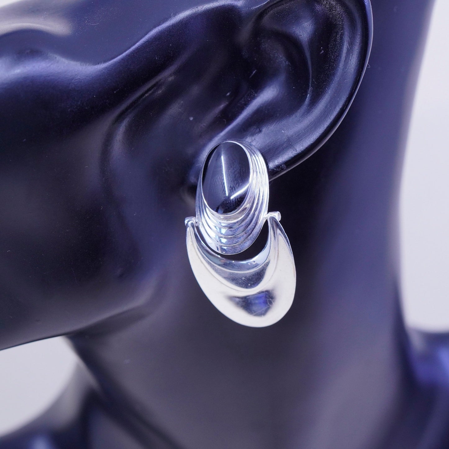 vtg Sterling 925 silver handmade earrings with oval obsidian drops, elegant