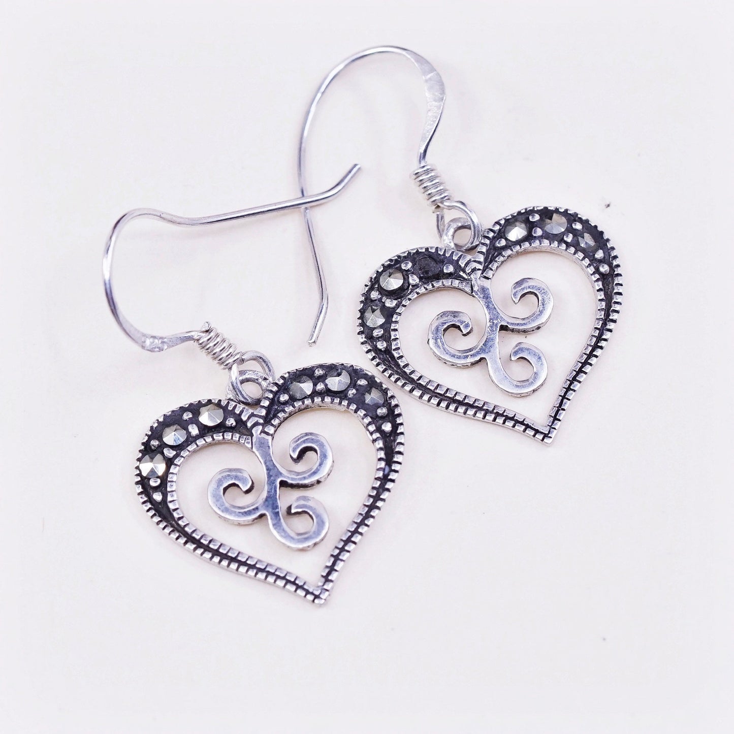 vtg Sterling silver handmade earrings, 925 swirly heart w/ Marcasite