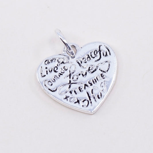 vtg sterling silver pendant, 925 heart embossed ”live courage peaceful love