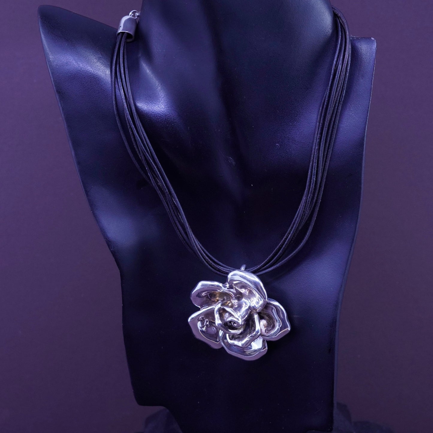 16”, handmade leather necklace with sterling 925 silver flower pendant
