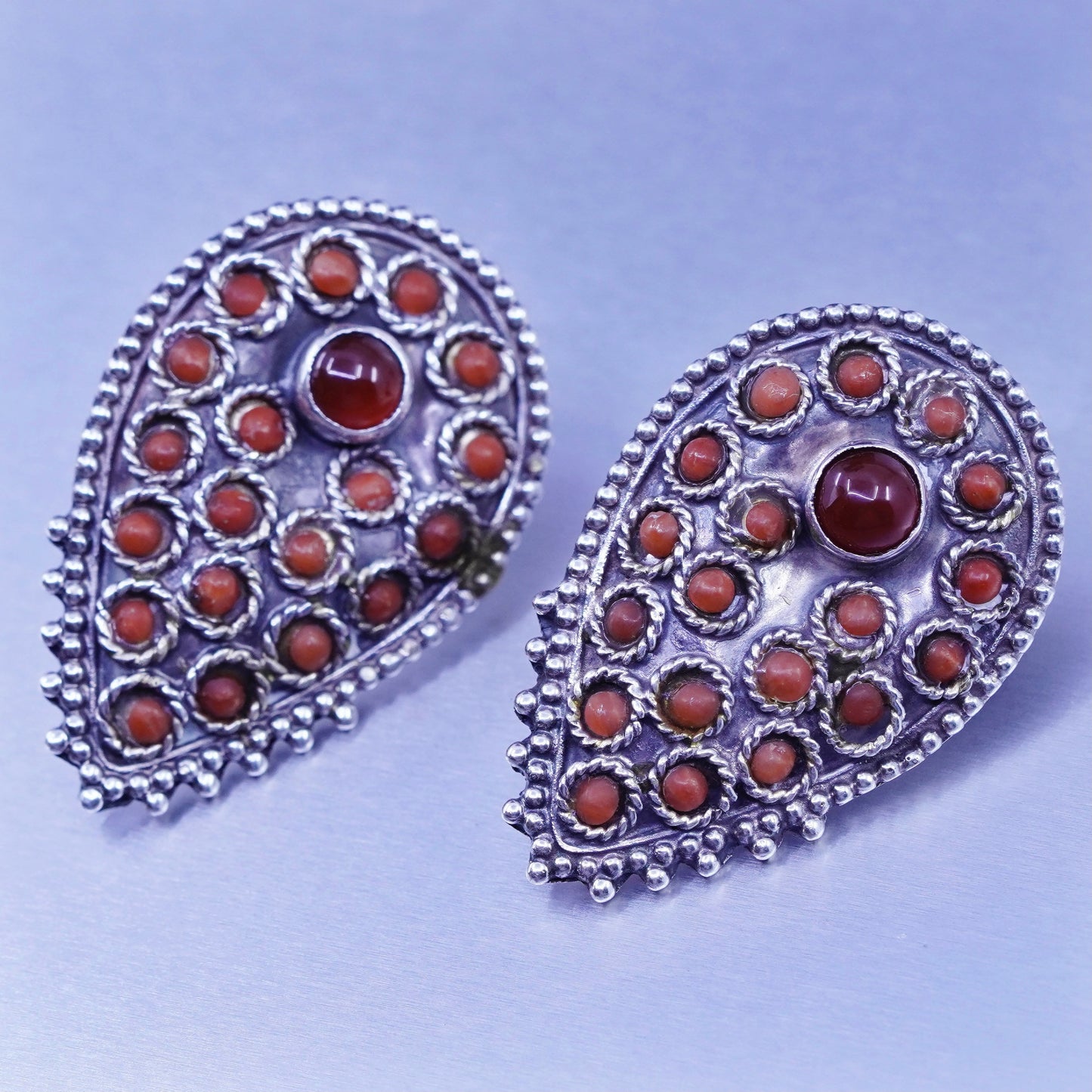 Native American Sterling 925 silver earrings, teardrop studs with coral garnet