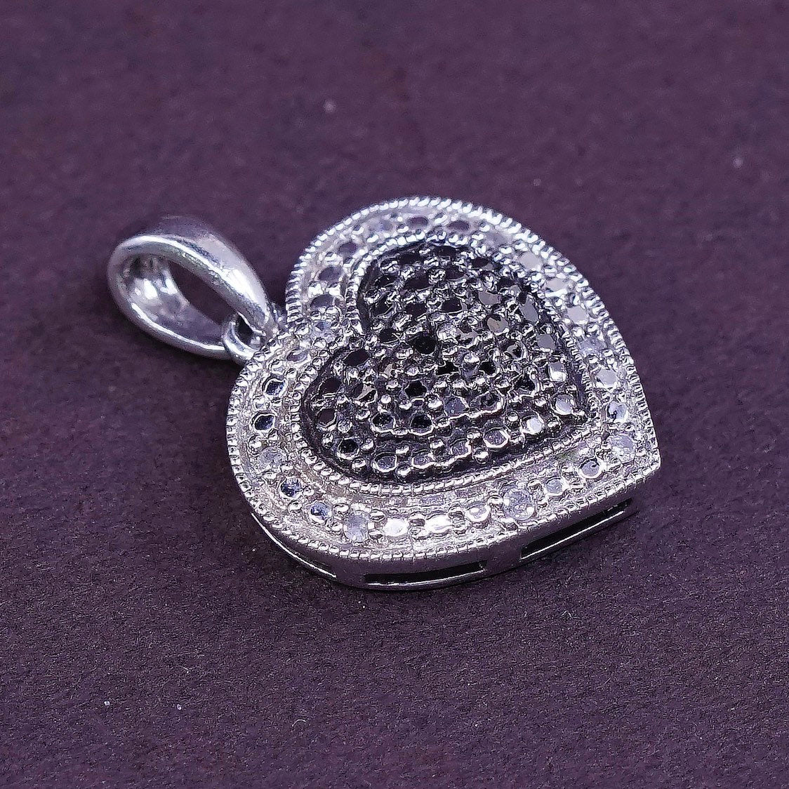 vtg sterling silver pendant, 925 heart w/ genuine diamond stamped 925 Sun NDS