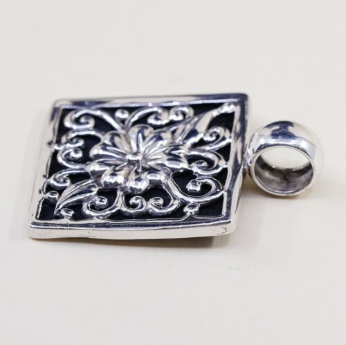 Vtg Sterling 925 Silver Handmade Square Pendant W/ Obsidian N Filigree Flower