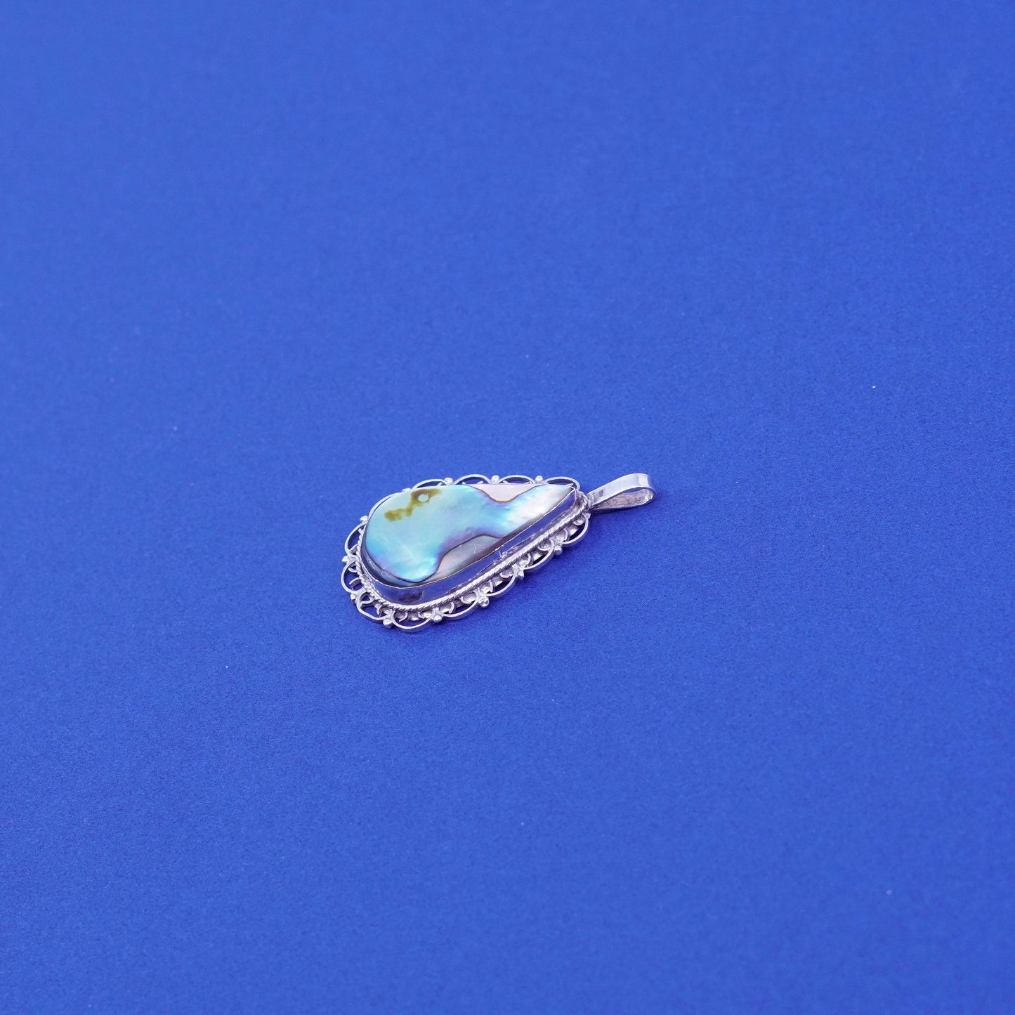 Vintage Sterling silver handmade pendant, 925 teardrop with abalone inlay