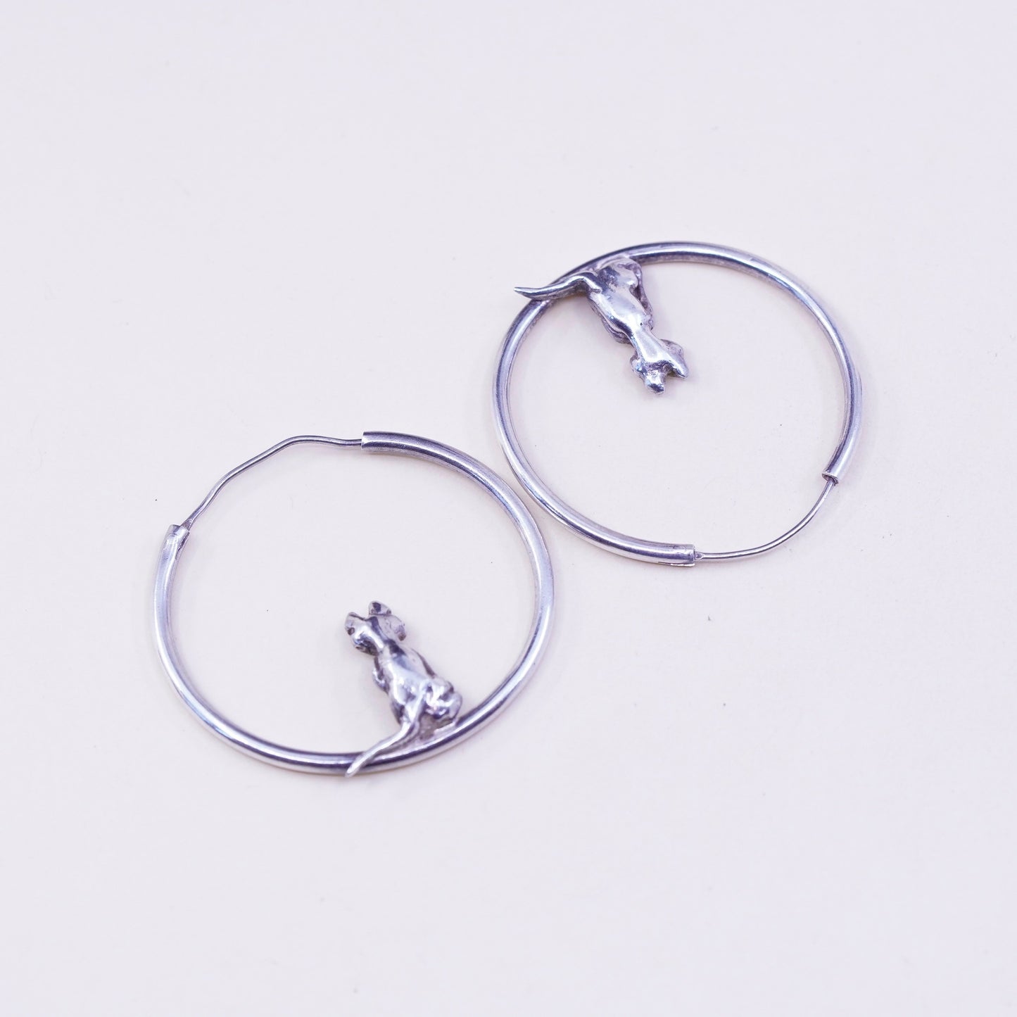 Vintage Sterling silver handmade earrings, 925 hoops with kitty cat