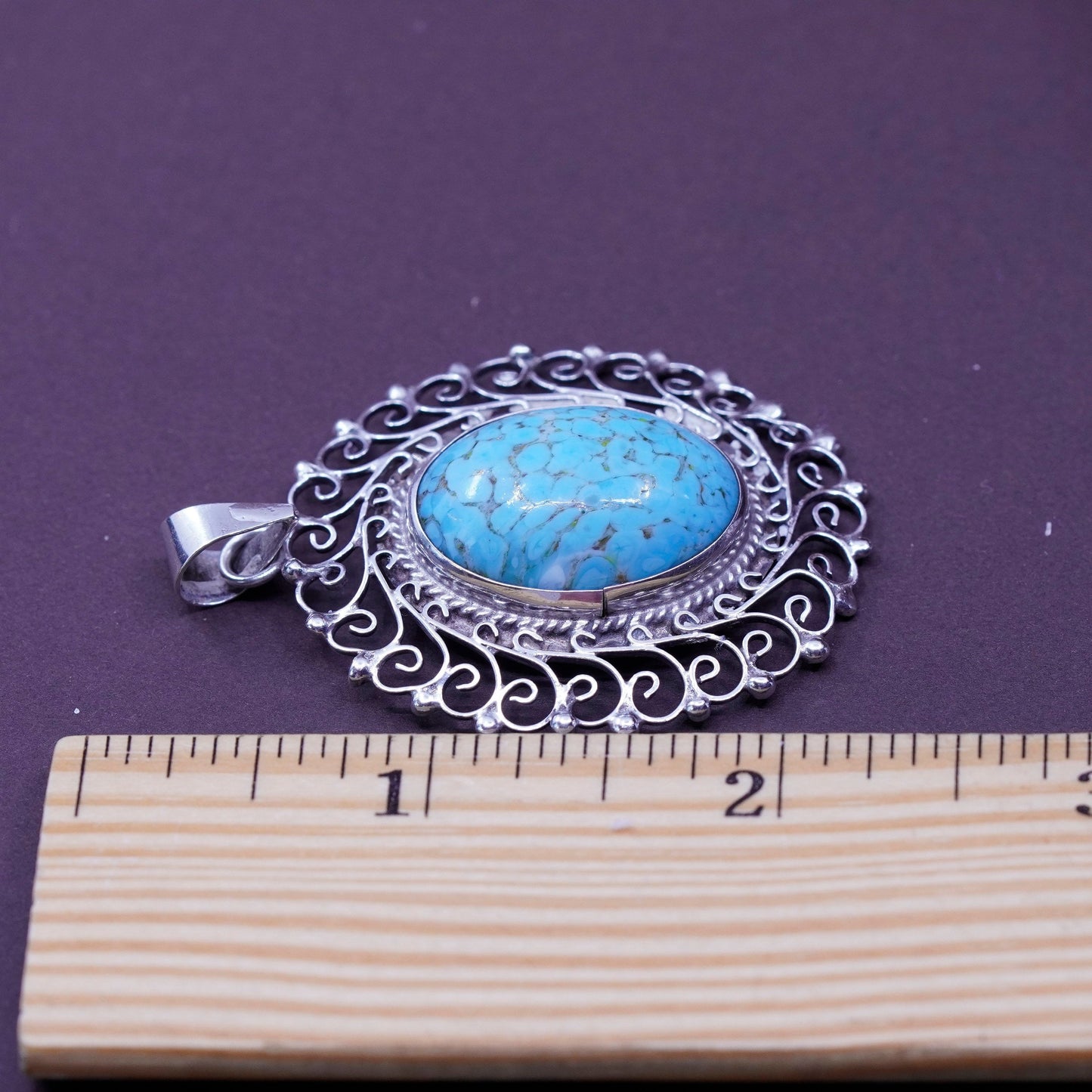 Sterling silver handmade pendant, bali style 925 filigree trim oval turquoise