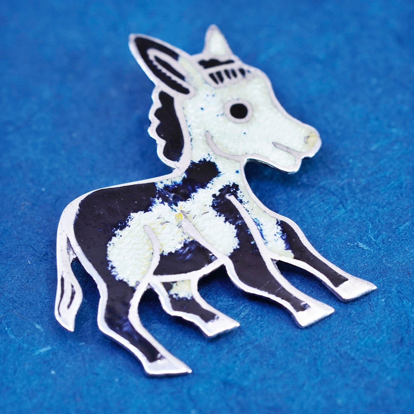 Vintage Mexico Sterling silver handmade brooch, 925 enamel donkey pin