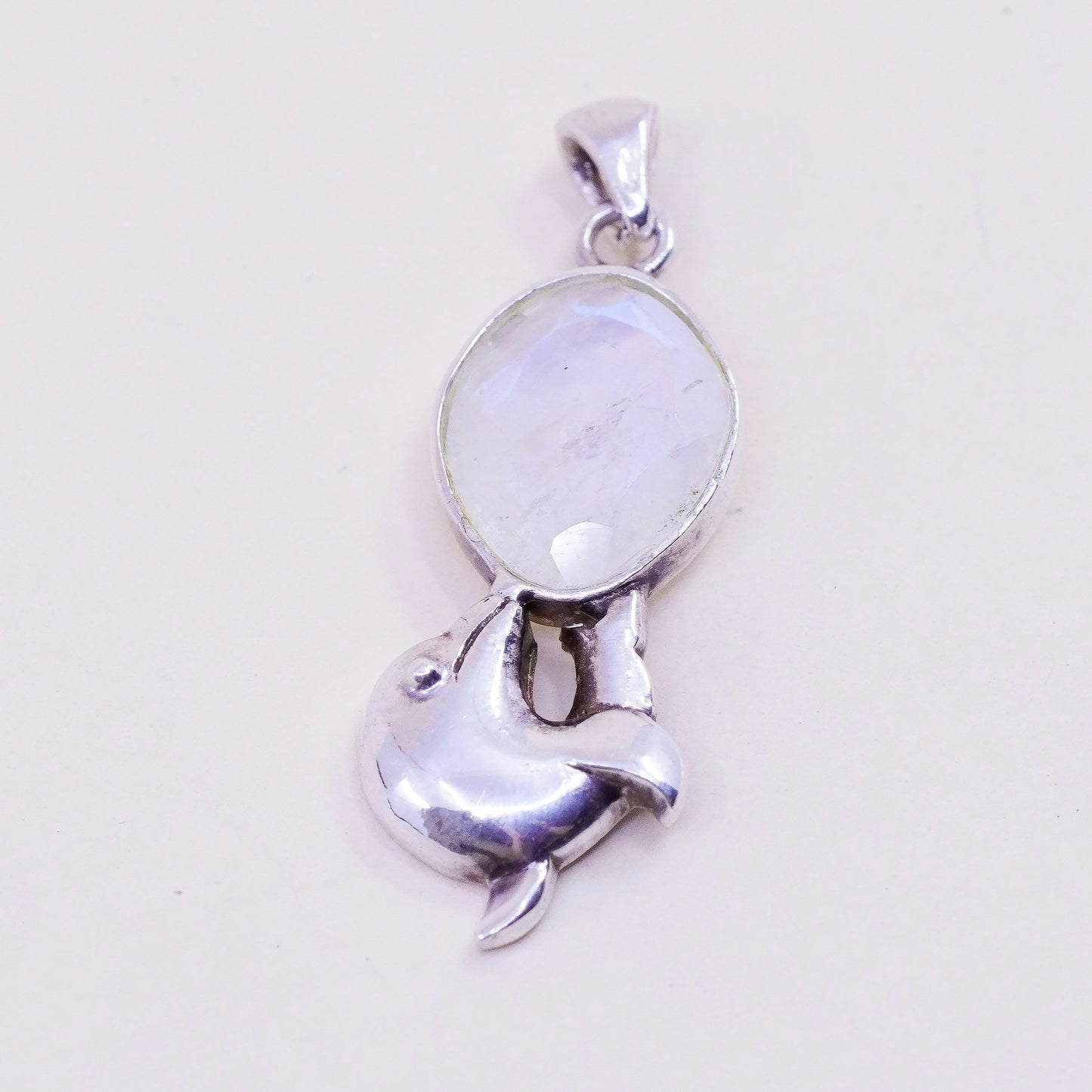 Vintage Sterling 925 silver handmade dolphin pendant with moonstone