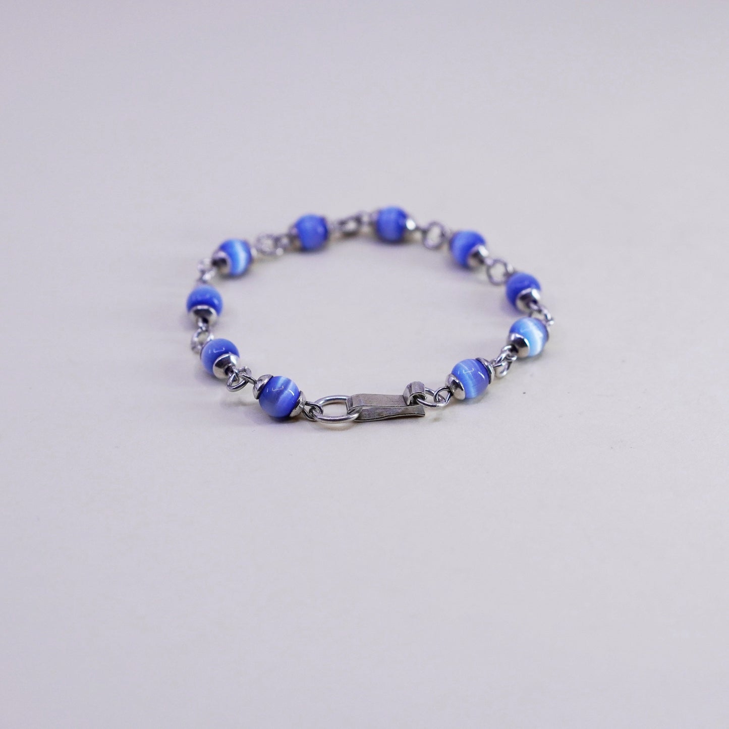 6”, Vintage Mexico sterling silver bracelet, 925 beads with blue cats eye