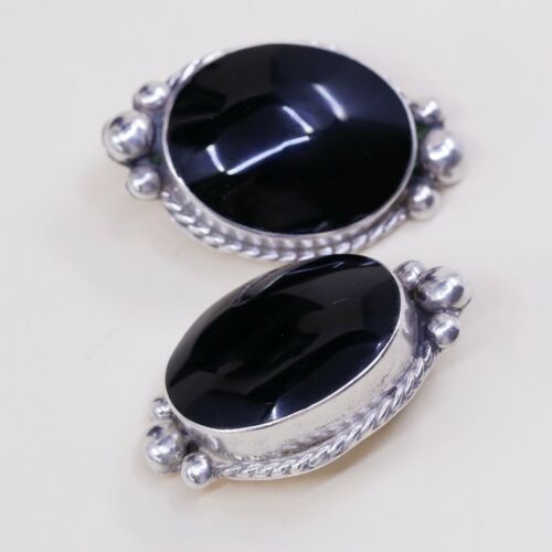 Vtg Oval Sterling Silver Clip on Obsidian Earrings W/ Beads, Stamped 925 Mexico