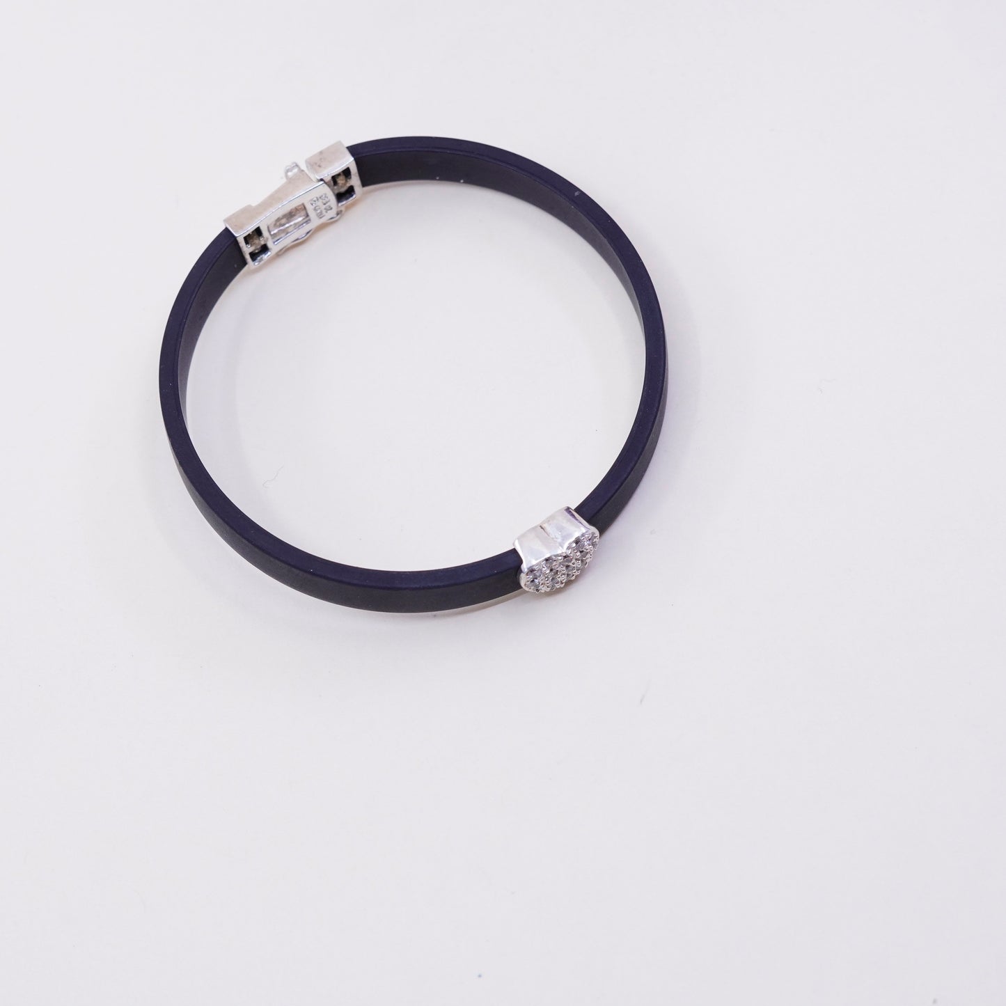 7”, Vintage black rubber bracelet with sterling 925 silver heart and cluster Cz