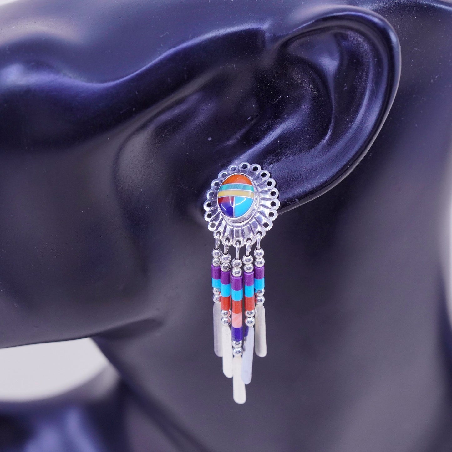 QT Native American sterling silver handmade earrings, 925 fringe, Zuni, Navajo