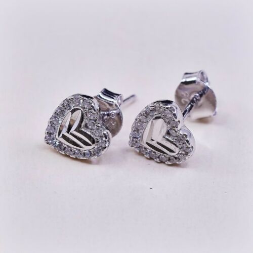 Vtg Sterling silver Handmade Earrings, 925 heart Studs W/ Cz Arond, Stamped 925