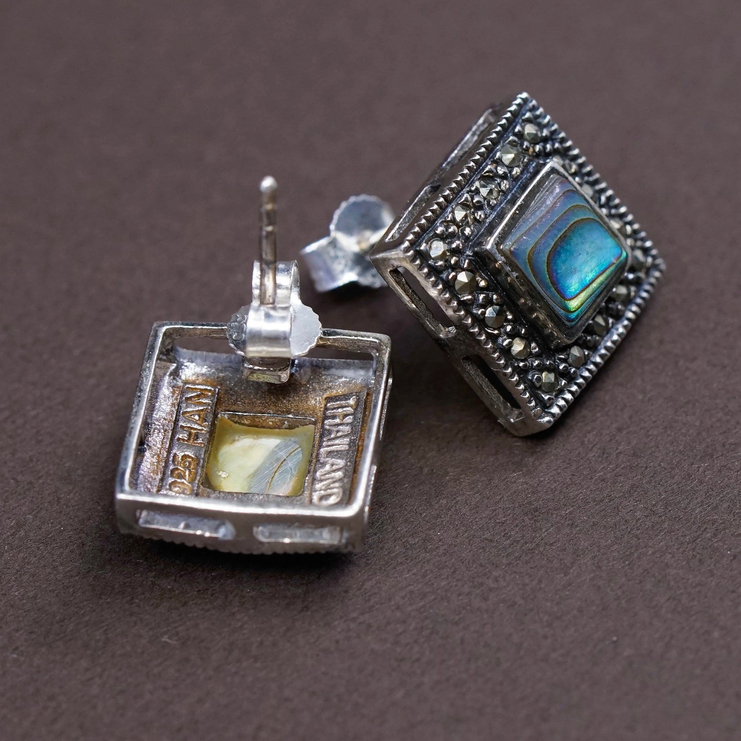 vtg Sterling Silver Handmade Earrings, 925 Square studs w/ abalone N Marcasite