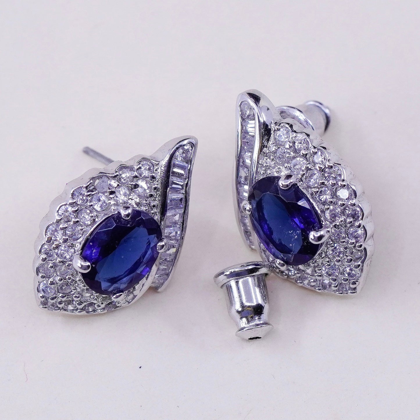 Sterling silver handmade earrings, 925 flower studs with cluster sapphire Cz